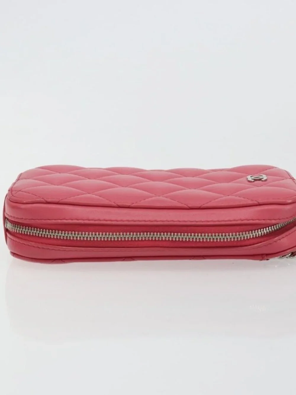 CHANEL Phone Pouch Lamb Skin Pink Silver CC Auth ka4502M